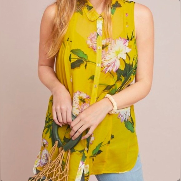 Anthropologie Maeve Duchess Floral Yellow Tank Blouse - Picture 1 of 7